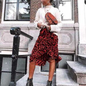 NWT Ladies Casual 28” High Waist Red Leopard Print Ruffle Skirt